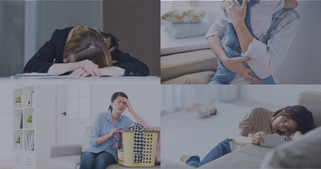 家事や育児に忙しく、疲れ果てている女性のイメージ写真