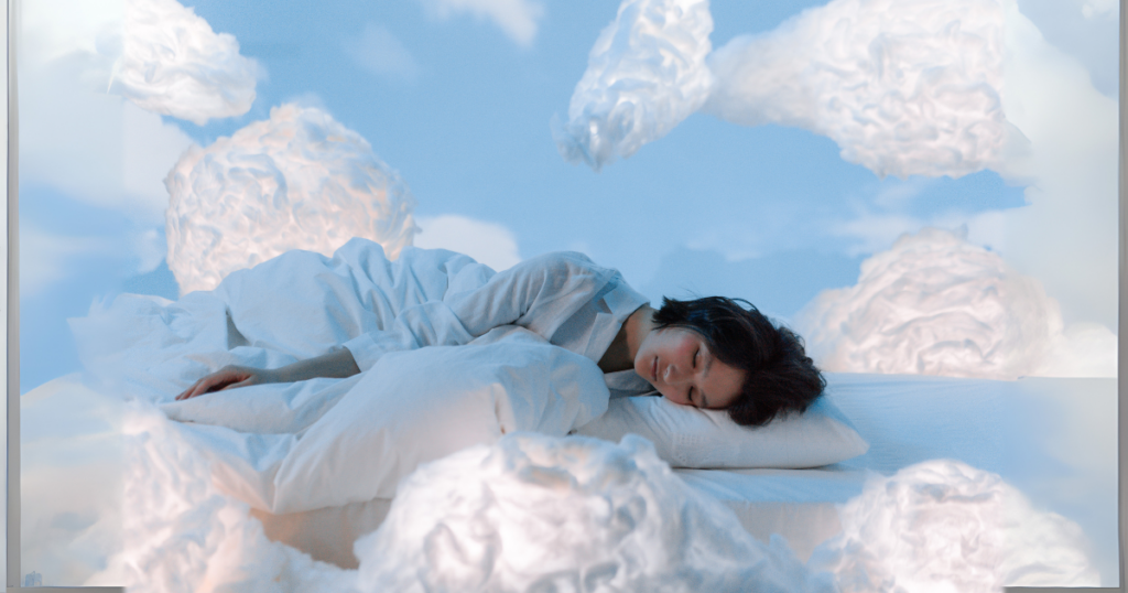 雲に包まれてすやすや眠る女性
