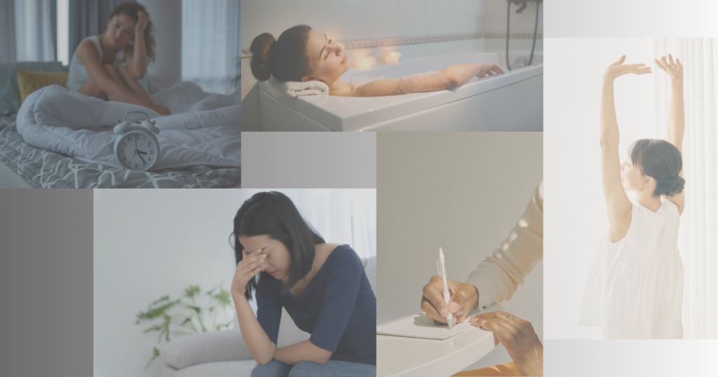 眠れなくて辛そうな表情の女性やお風呂、ジャーナリング、深呼吸をしてリラックスする女性のイメージ画像